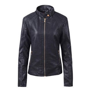 Women Zipper Closure Solid Colored Relax Fit Long Sleeve Stand Up Collar Thick PU Leather Jacket