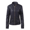 Women Zipper Closure Solid Colored Relax Fit Long Sleeve Stand Up Collar Thick PU Leather Jacket