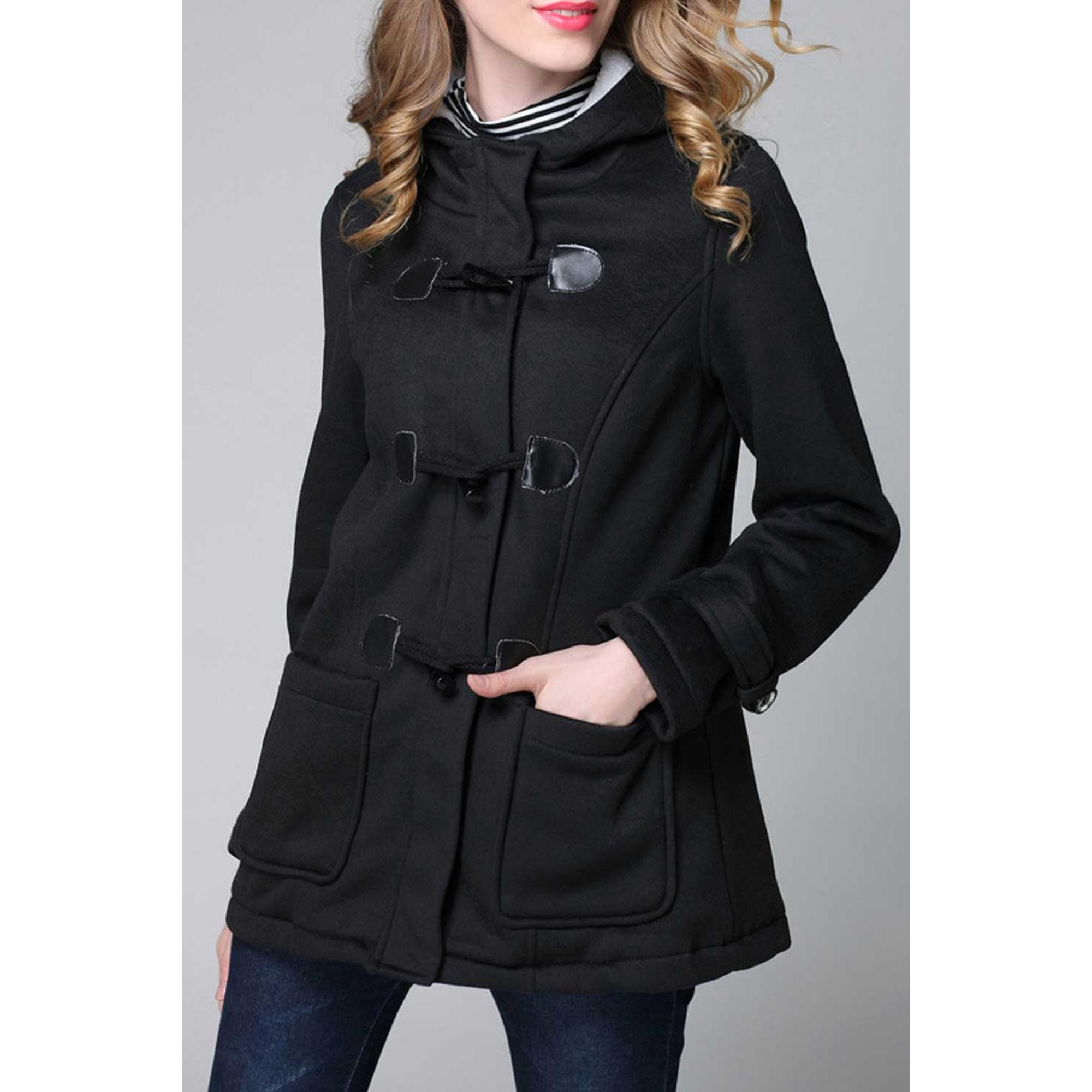 Women Charming Horn Buckle Closure Solid Color Two Pocket Hood Coat