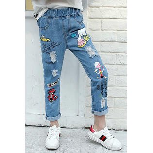 Kids Girls Shredded Cartoon Printed Stylish Jeans
