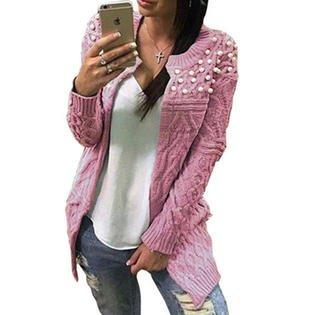 Women Round Neck Pearl Decorated Cardigan