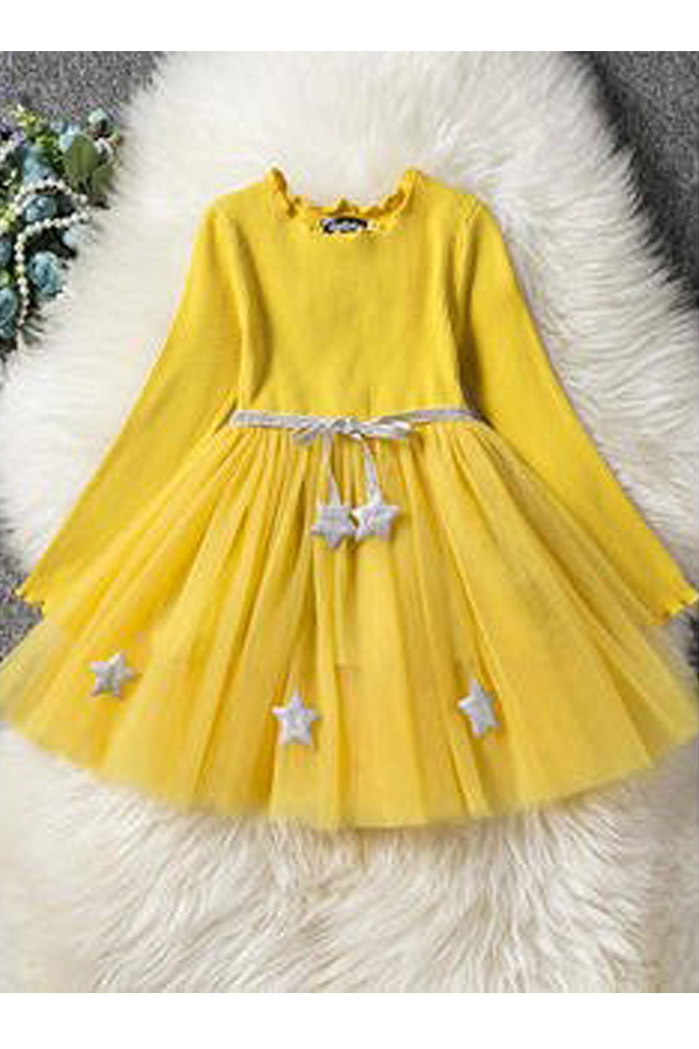 Kids Girls Long Sleeve Hair Attached Sequins Decorated Beautiful Long Length Pretty Dress