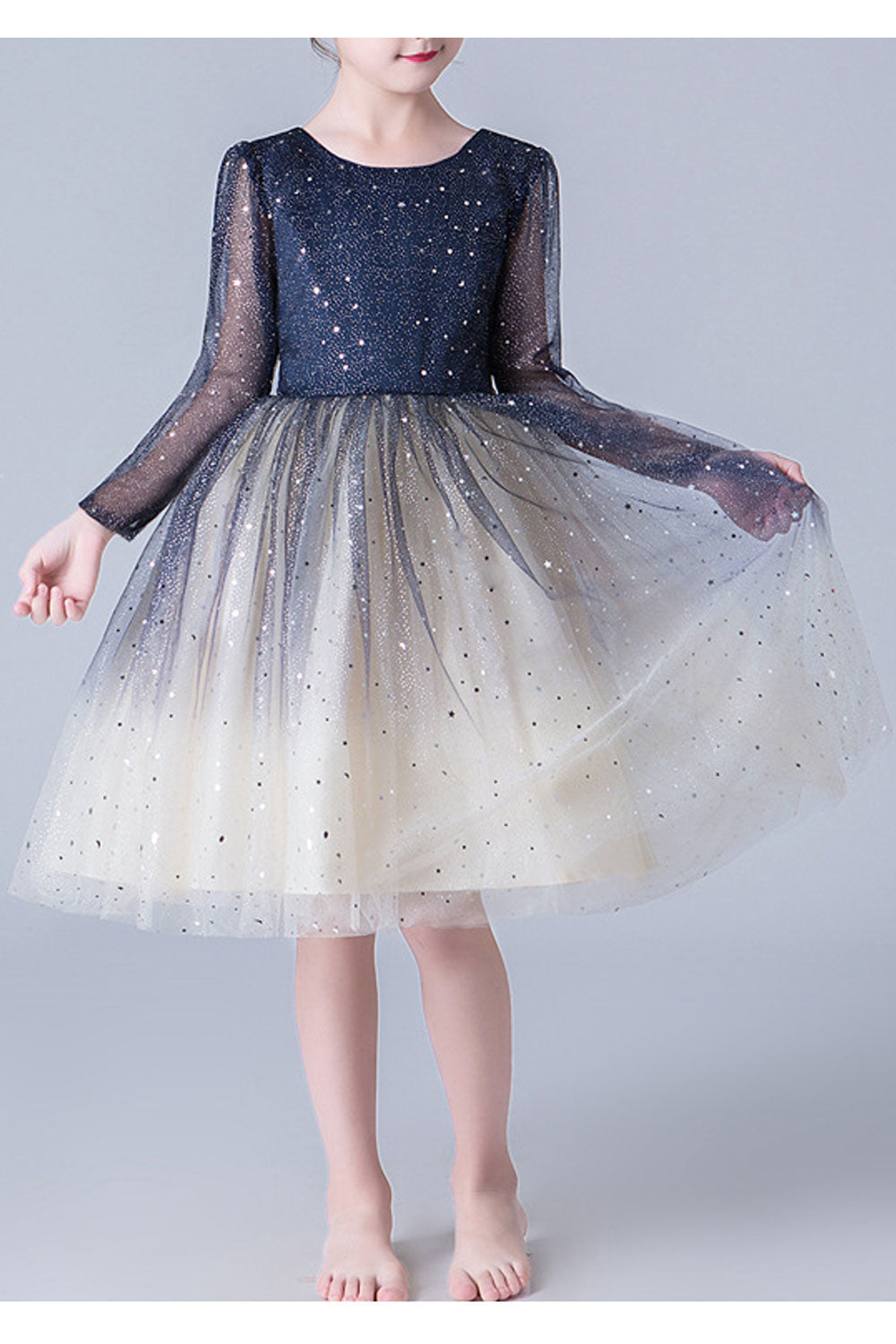 Kid Girl Charming Long Sleeve Starry Blue Evening Dress