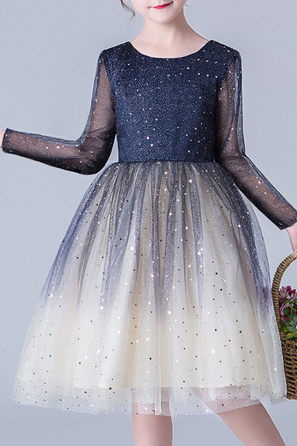 Kid Girl Charming Long Sleeve Starry Blue Evening Dress