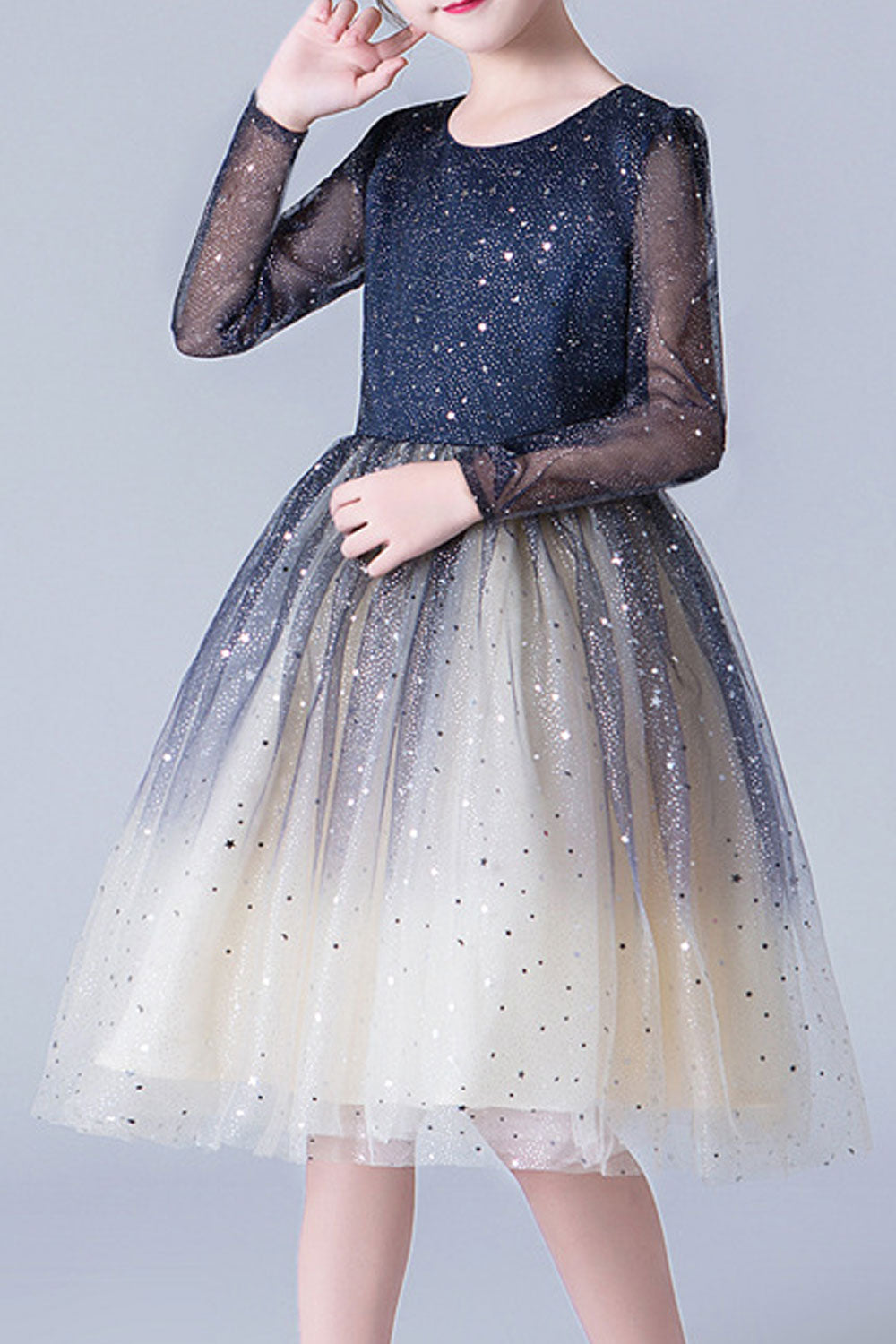 Kid Girl Charming Long Sleeve Starry Blue Evening Dress