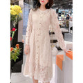 Women Long Sleeve Breathable Lace Embroidered Mid Length Beautiful Dress