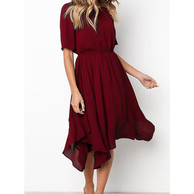 Women Short Sleeve Mid Length Slim Waist Solid Colored Round Neck Thin Dress