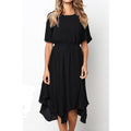 Women Short Sleeve Mid Length Slim Waist Solid Colored Round Neck Thin Dress