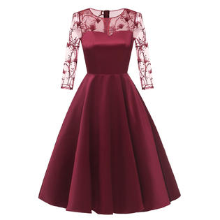 Women Elegant Long Sleeve Decorated Round Neck Solid Pattern Superb Dress
