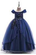 Kids Girls Pretty Lace Embroidered Round Neck Solid Colored Fancy Dress