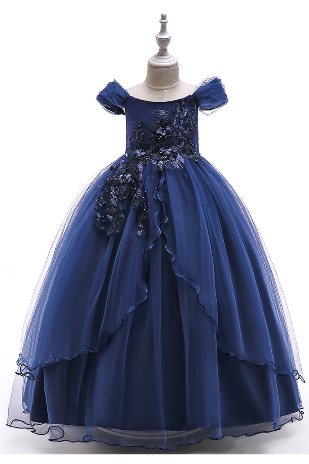 Kids Girls Pretty Lace Embroidered Round Neck Solid Colored Fancy Dress