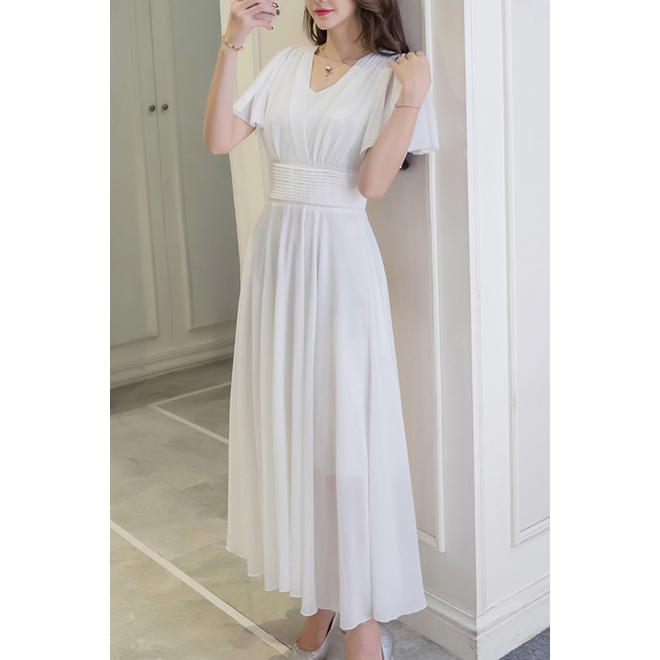 Women Short Sleeve Beautiful Flower Printed Long Length V-Neck Fabulous Thin Dress