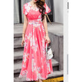 Women Short Sleeve Beautiful Flower Printed Long Length V-Neck Fabulous Thin Dress