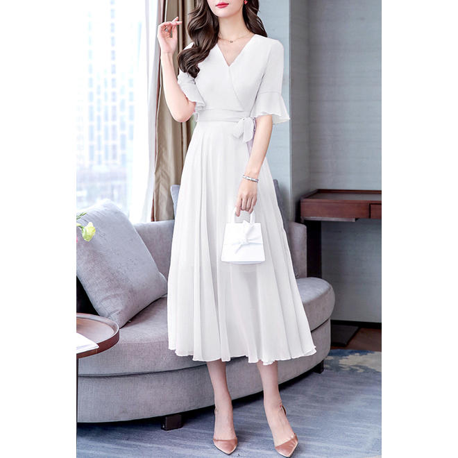Women Slim Long Skirt Pleated Chiffon Dress