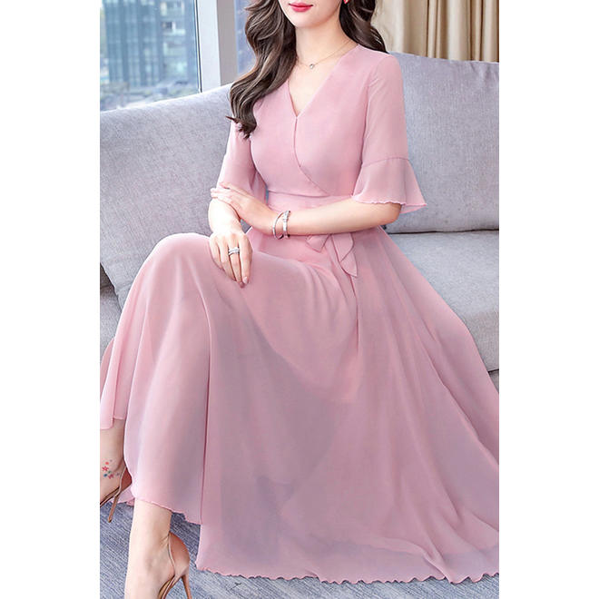 Women Slim Long Skirt Pleated Chiffon Dress