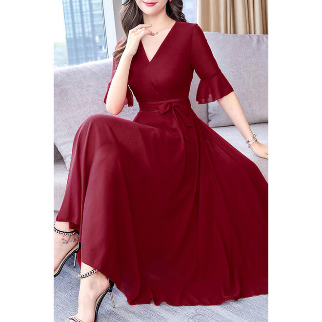 Women Slim Long Skirt Pleated Chiffon Dress