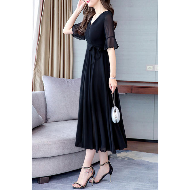 Women Slim Long Skirt Pleated Chiffon Dress