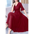 Women Slim Long Skirt Pleated Chiffon Dress