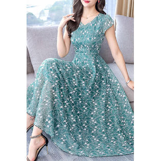 Women V-Neck Cap Sleeve Holiday Dress