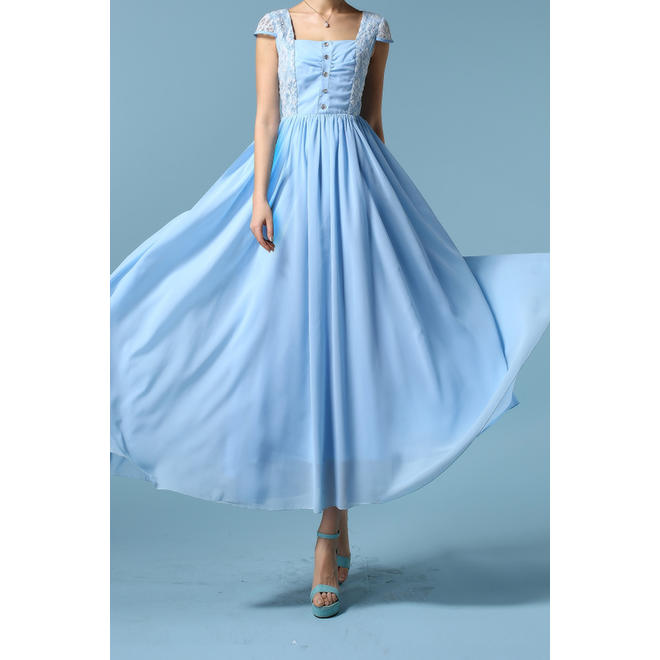 Women Cup Lace Sleeves Square Neck Buttons Long Dress