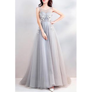 Women Round Neck Flower Lace Birthday Party Dress