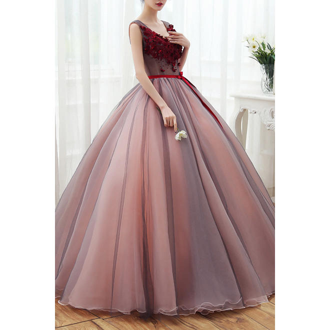 Women Flower V-Neck Ball Gown Wedding Dress