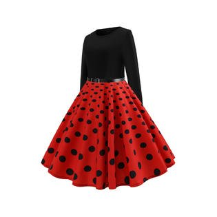 Women Fascinating Polka Doted Long Sleeve Round Neck Appealing Party Evening Skirt Dress