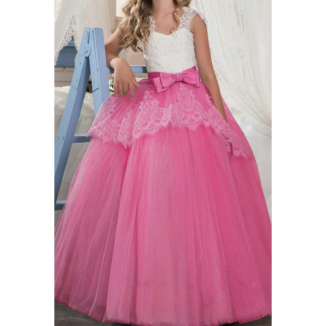 Kids Girls Lace Decorated Silk Bow Wedding Dress
