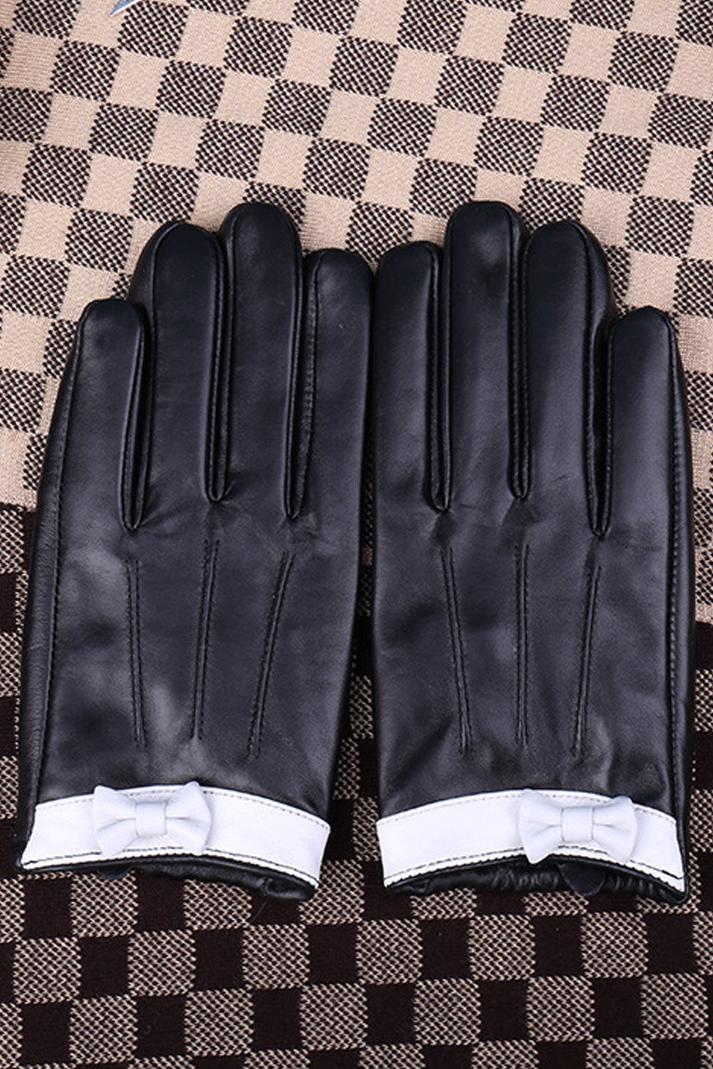 Women Thick Bowknot Wind Breaker Outdoor Winter Season PU Leather Gloves