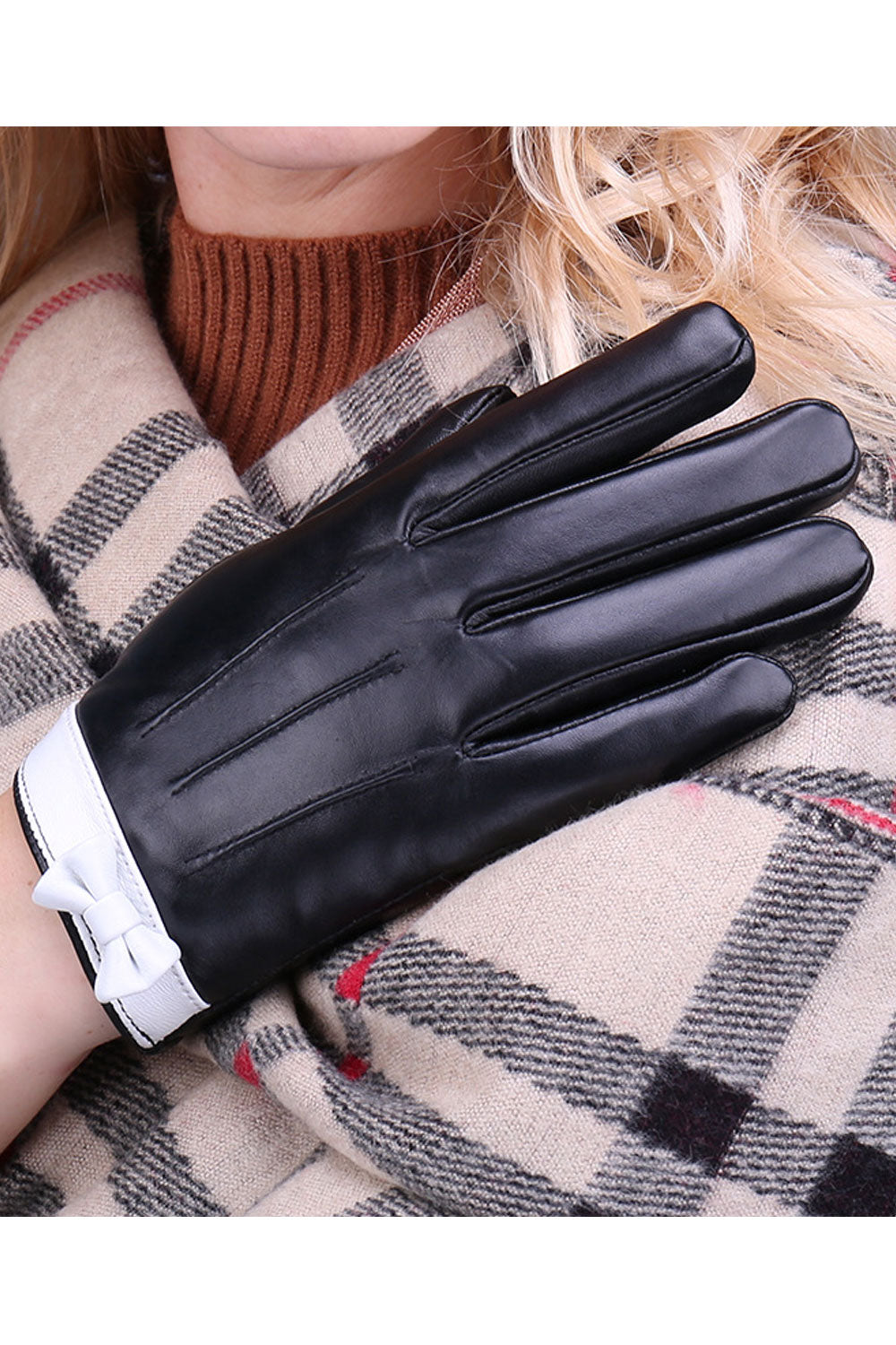 Women Thick Bowknot Wind Breaker Outdoor Winter Season PU Leather Gloves