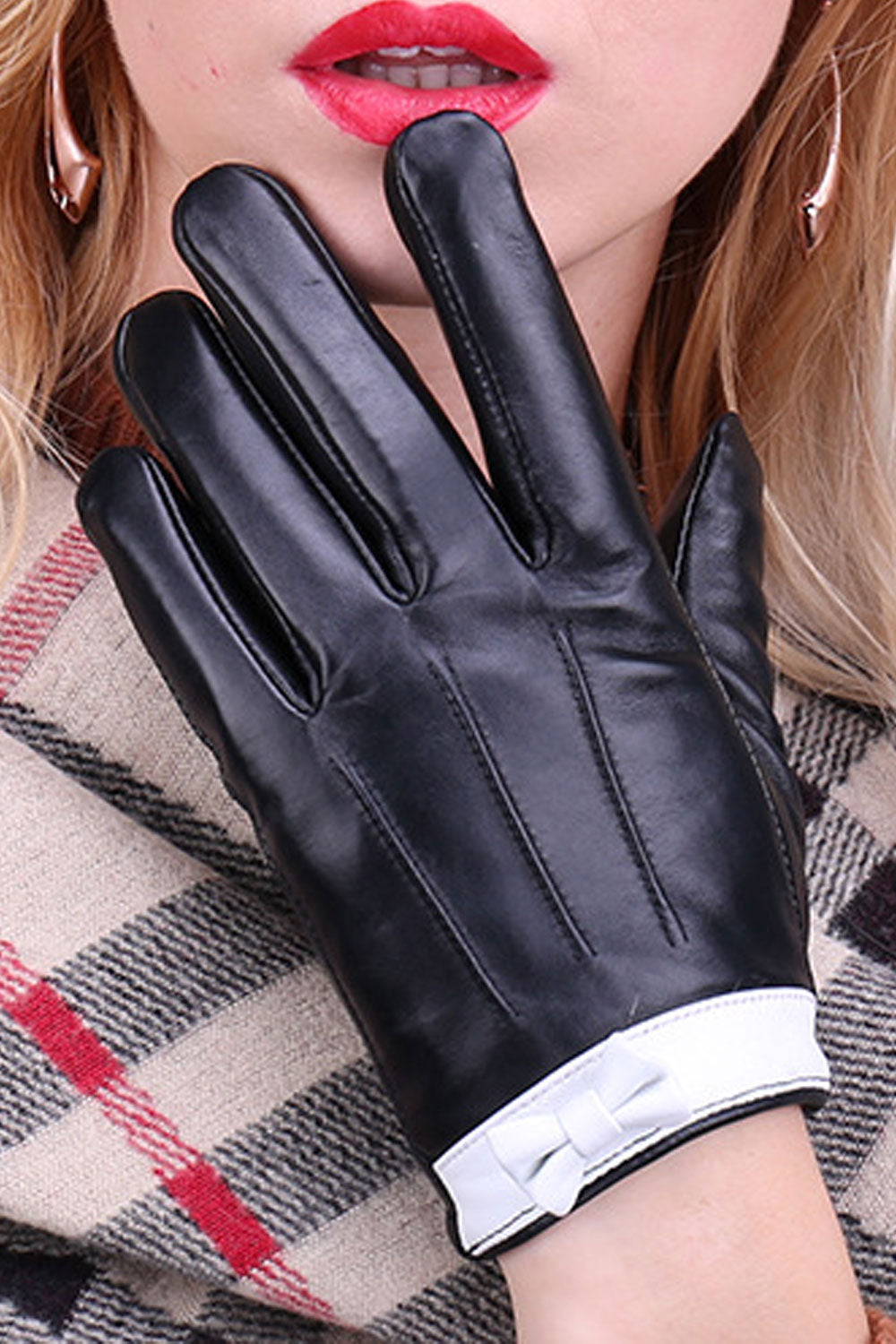 Women Thick Bowknot Wind Breaker Outdoor Winter Season PU Leather Gloves
