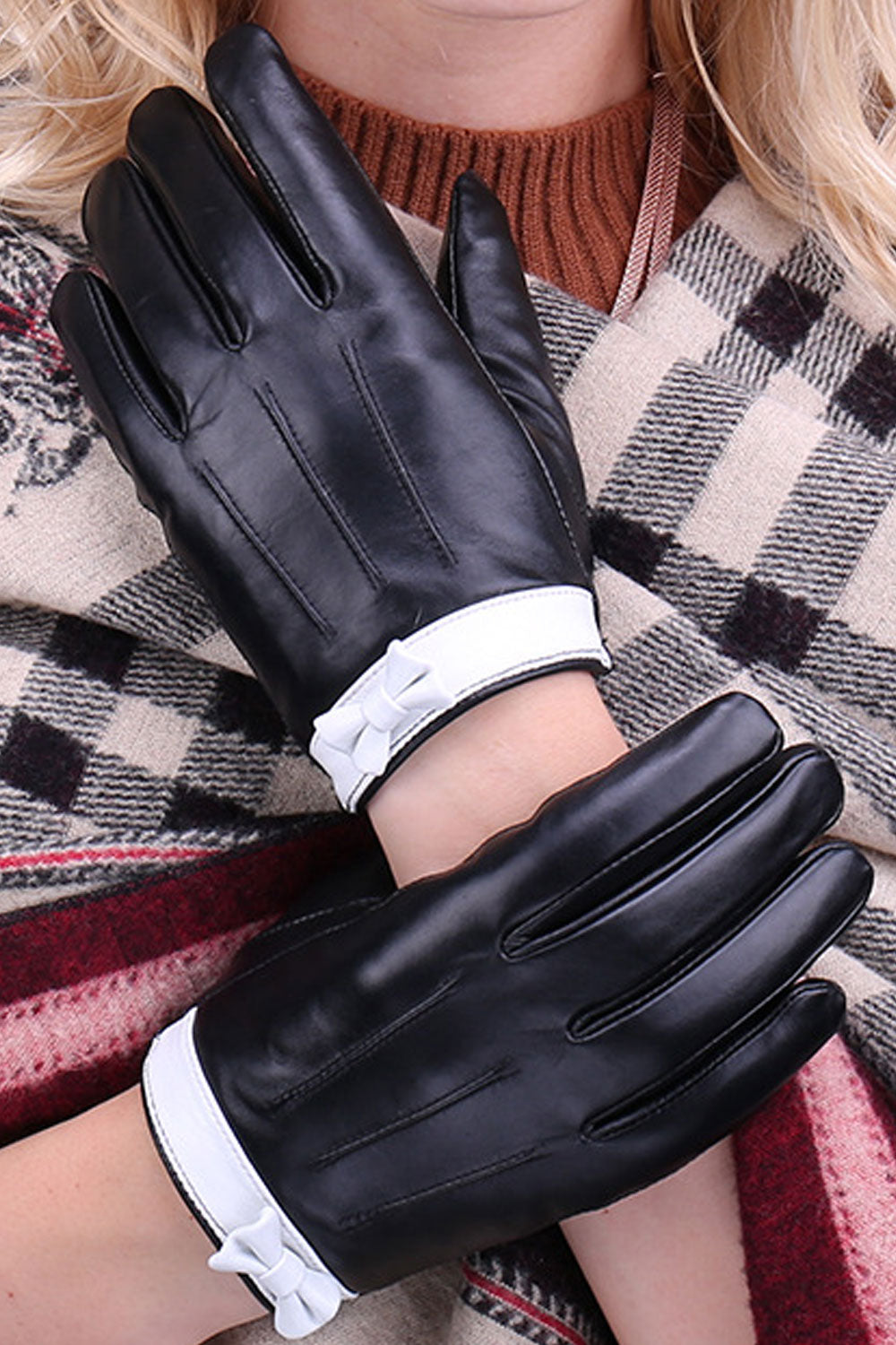 Women Thick Bowknot Wind Breaker Outdoor Winter Season PU Leather Gloves