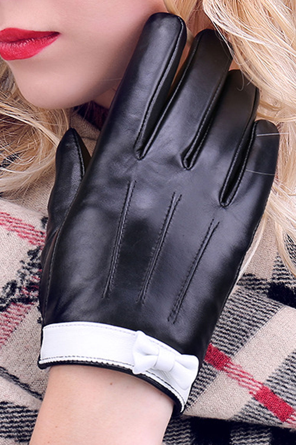 Women Thick Bowknot Wind Breaker Outdoor Winter Season PU Leather Gloves