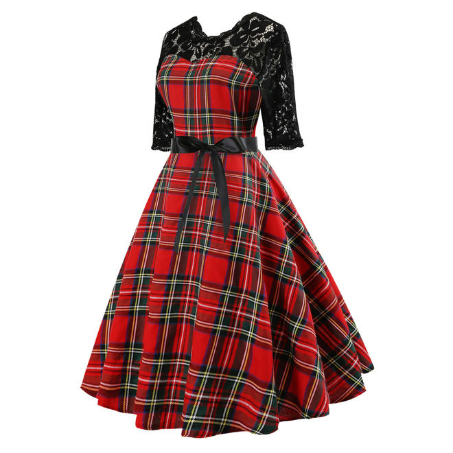 Women Lace Half Sleeve Plaid Casual Dress