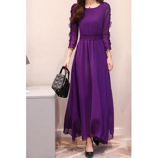 Women Fit Waist Pleated Neck Long Skirt Dress