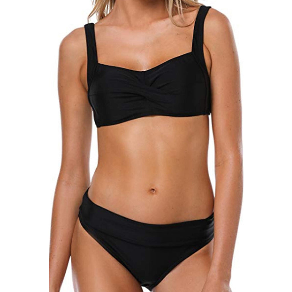 Women Breathable Two Piece Halter Neck Elegant Solid Colored Swimwear