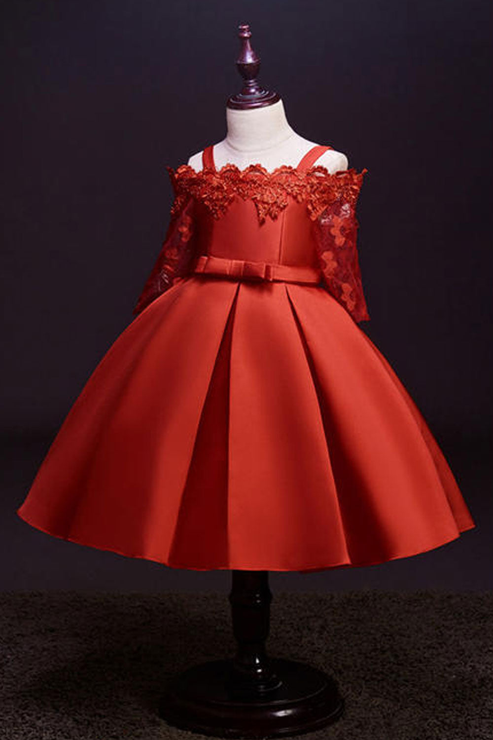 Kids Girls Strap Silk Bow Flower Lace Dress