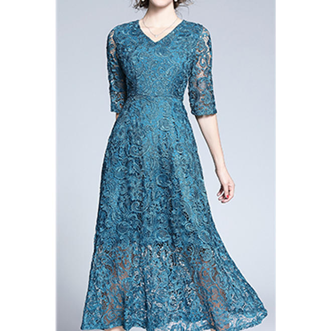 Women Lace Up V-Neck Soft Feel Gown Dress