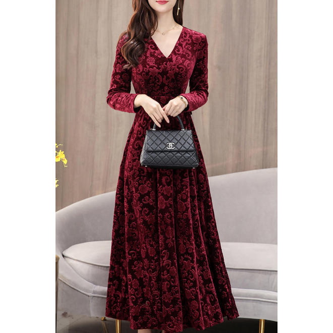 Women Full Floral V-Neck Autumn And Winter Dress