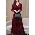 Women Full Floral V-Neck Autumn And Winter Dress