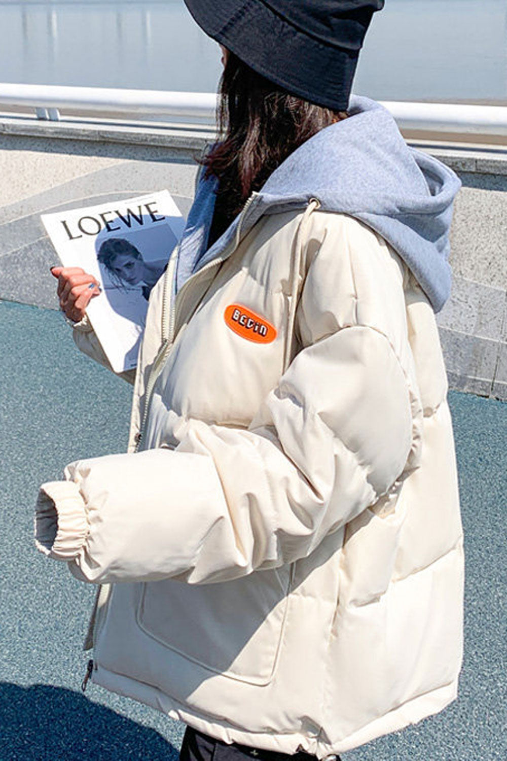 Women Elegent Solid Colored Drawstring Hat Neck Thick Long Sleeve Zipper Closure Winter Padded Jacket