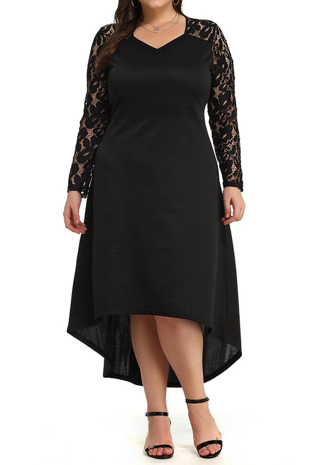 Women Lace Pattern V-Neck Long Sleeve Mid Length Relax Fit Solid Colored Pretty Dress