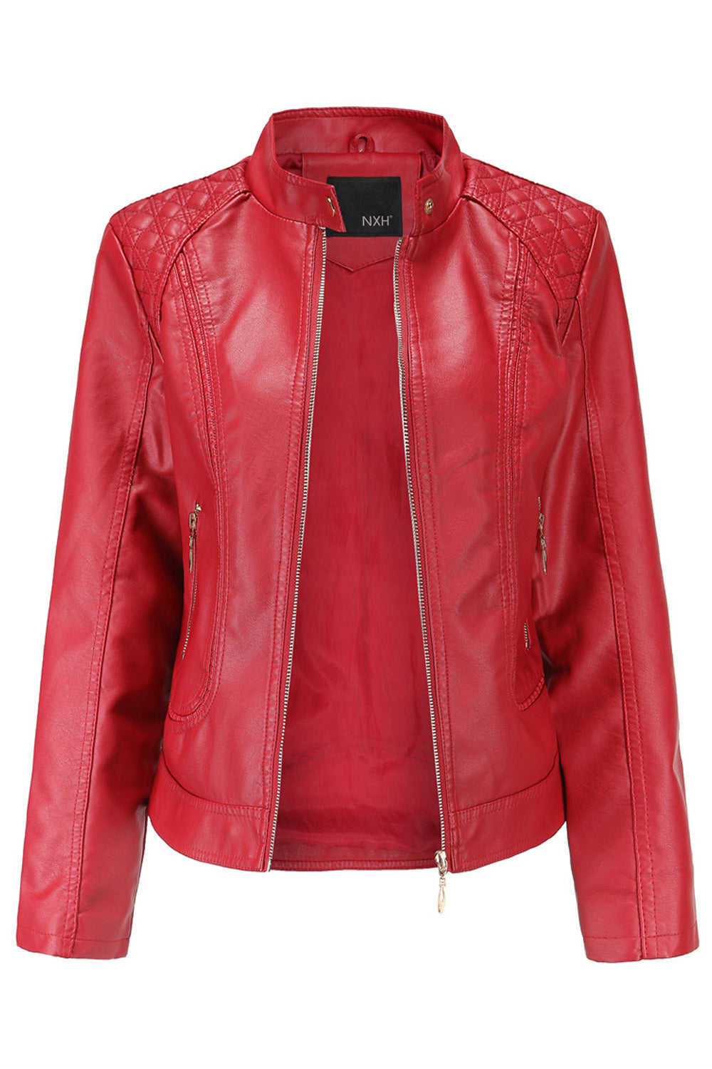 Women Warm Solid Color Zipper Closure Leather Jacket