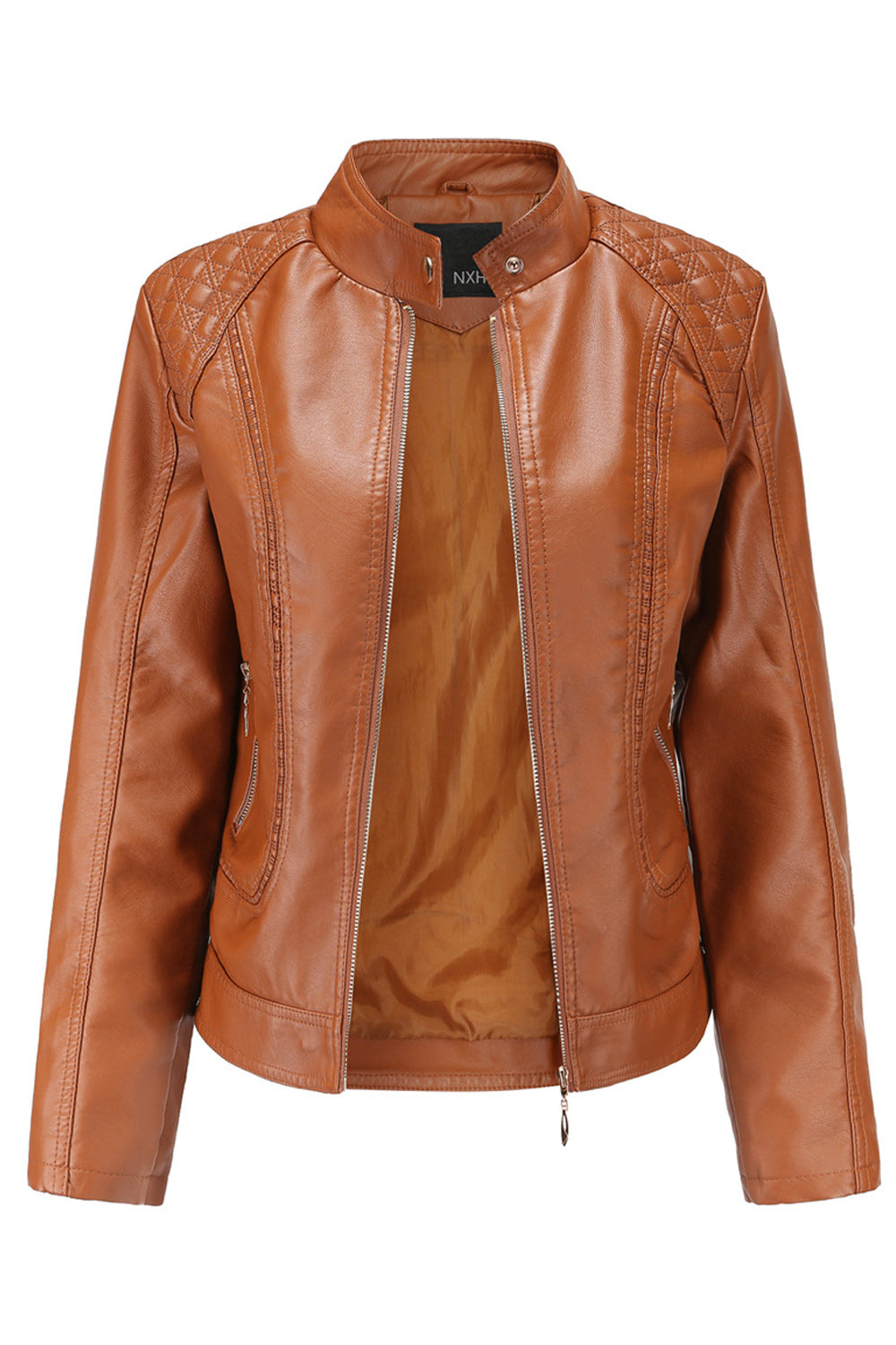 Women Warm Solid Color Zipper Closure Leather Jacket