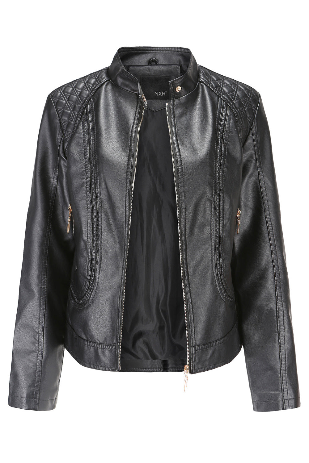 Women Warm Solid Color Zipper Closure Leather Jacket