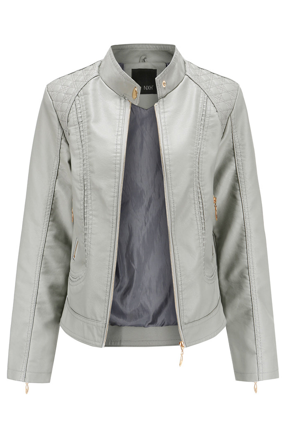 Women Warm Solid Color Zipper Closure Leather Jacket