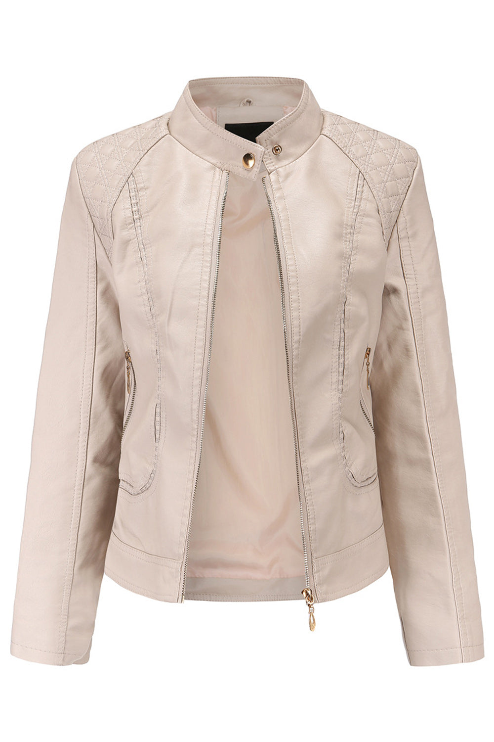 Women Warm Solid Color Zipper Closure Leather Jacket