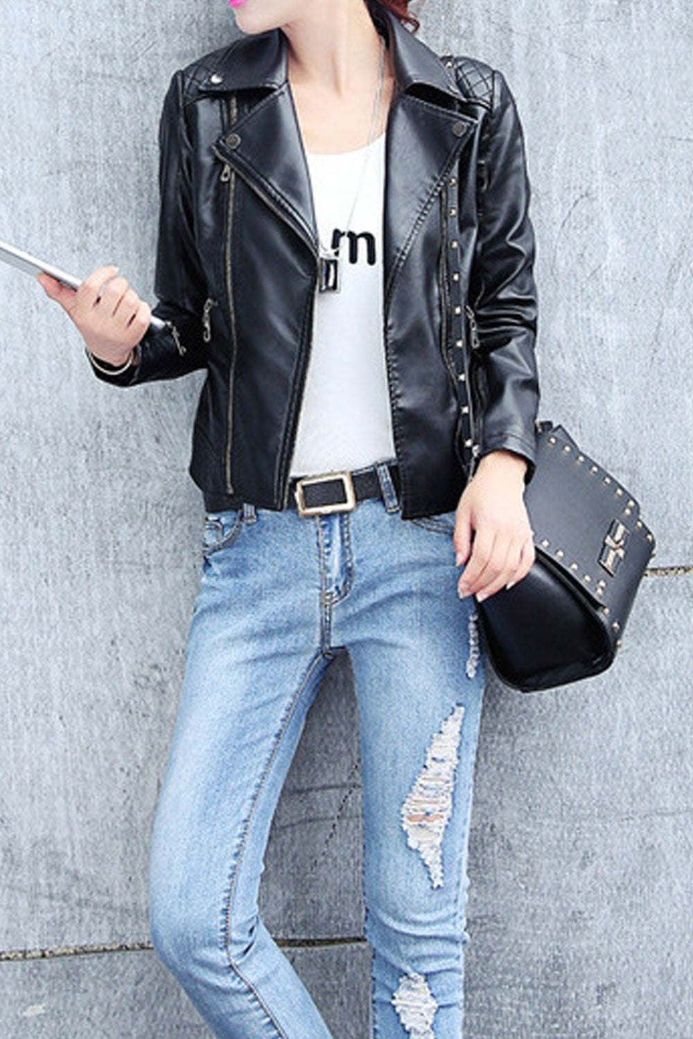 Women Long Sleeve Collar Neck Comfortable Winter Leather Jacket