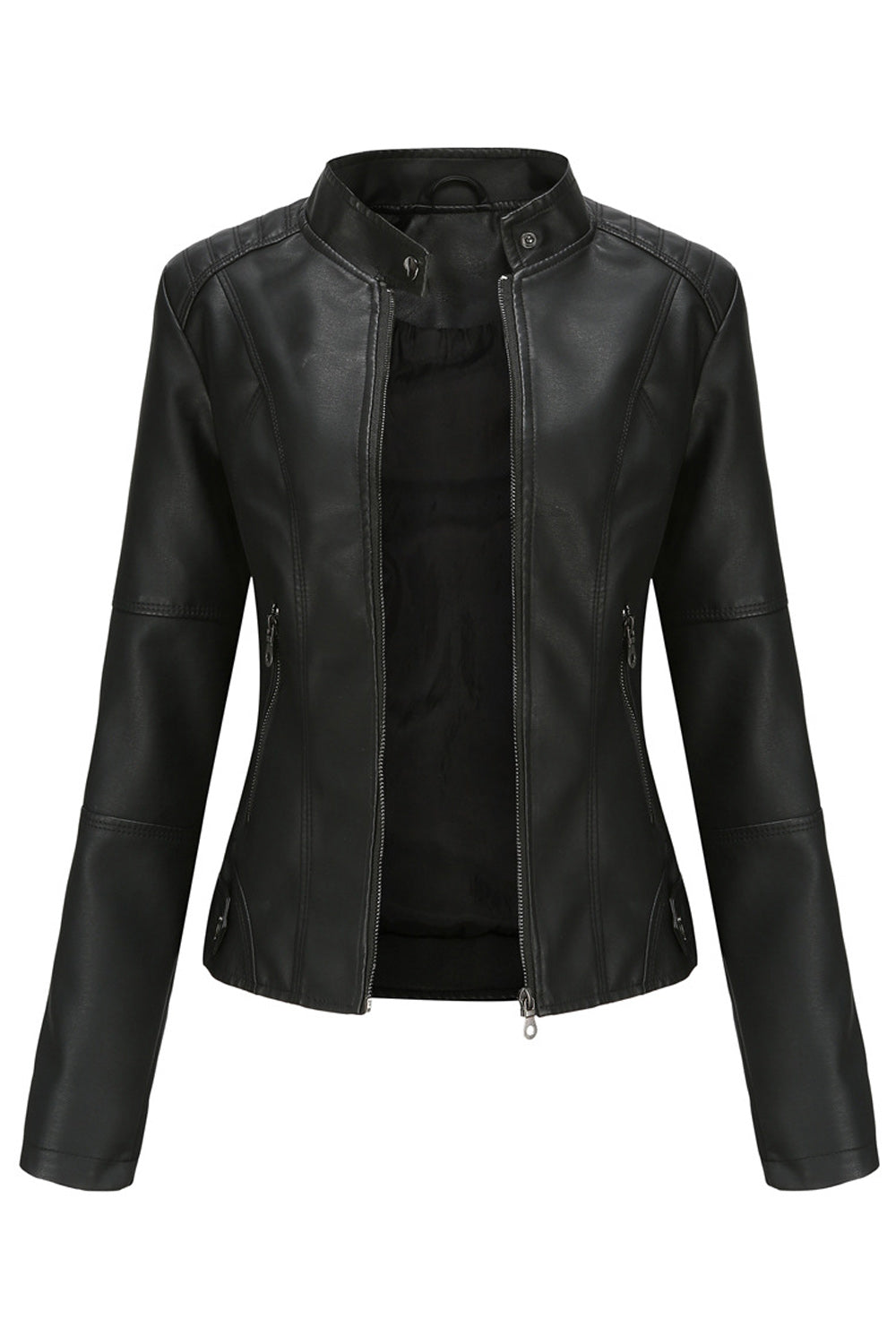 Women Fashionable Warm Solid Colored Leather Jacket