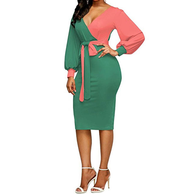 Women Wrap Neck Tie Waist Color Contrast Dress